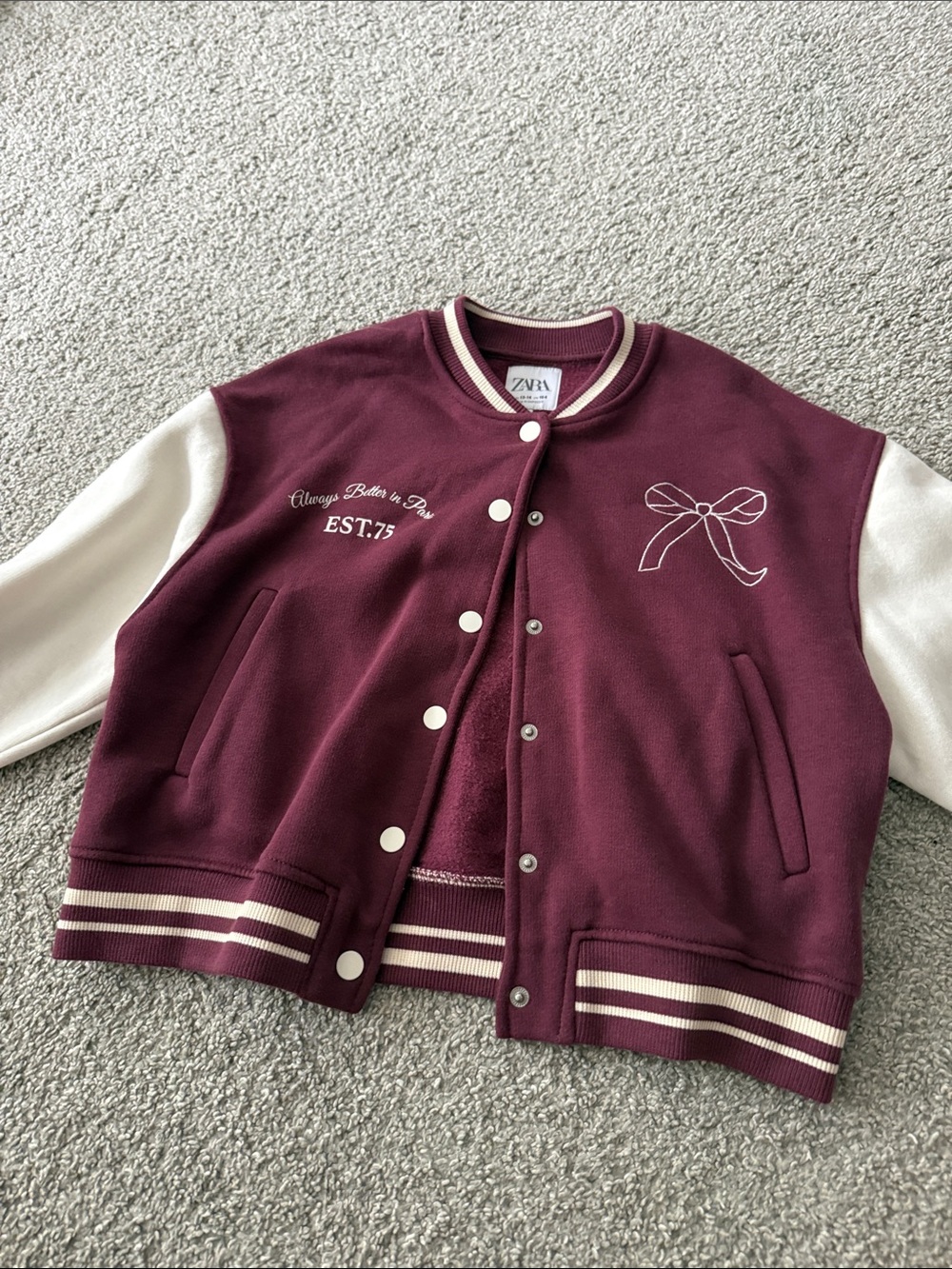 Zara Kids Burgundy and Cream Letterman Jacket with Bow Detail